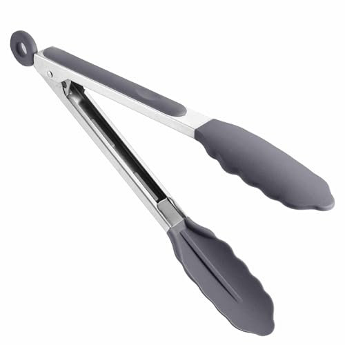 Kitchen Tongs for Cooking with Silicone Tips, 9 Grey Silicone Tongs, Stainless Steel Handle with Padlock System, Easy Grip, Cooking Tongs for BBQ, Salad, Pasta, Camping, Party & More