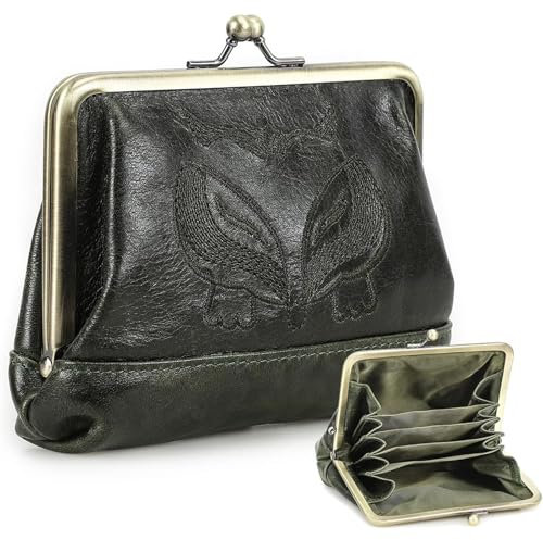 Contacts Kiss Clap Geldbörse aus Leder für Damen, Vintage-Kartenhalter, klein, niedliches Kleingeldbörse, dunkelgrün, Vintage-Stil