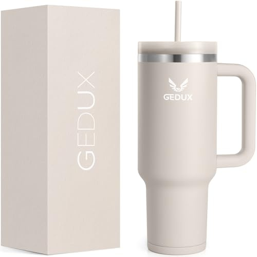 Gedux 1200ml Tumbler with Handle, 2-in-1 Leak Proof Lid (Straw/Flip), Insulated Water Bottle, Stainless Steel Tumbler with Non-Slip Silicone, Wide Mouth Travel Mug Cupholder Friendly Dishwasher Safe