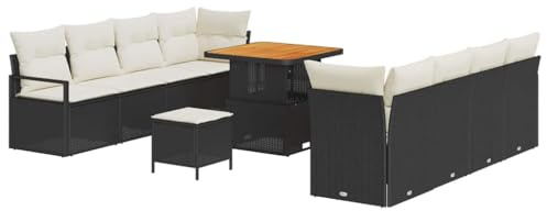 vidaXL Garten-Sofa-Set mit Kissen 11 pcs Schwarz Poly Rattan, Garten- und Terrassen Lounge Set, rechteckig, modern, modulare Sofas, verstellbare Füße, langlebige Möbel