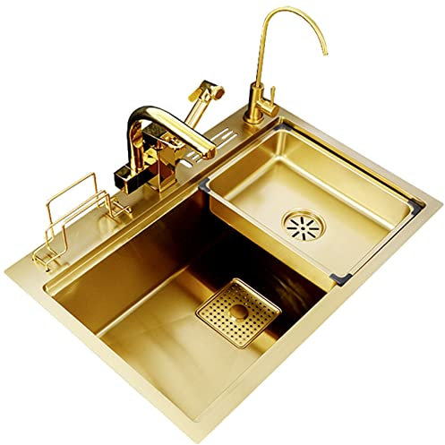 HUIBBGO Fregadero de Cocina Dorado para el hogar, Fregadero de Acero Inoxidable de una Sola Ranura con Grifo extraíble + Lavabo bajo encimera + portacuchillos, un Color