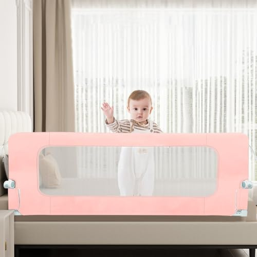 HUOLE Kleinkind Bettschutzgitter Bettgitter Kinderbettgitter Babybettgitter höhenverstellbares Bettgitter - Gitter Kinderbett Babybett Rausfallschutz-150 x 73–86 cm - Rosa