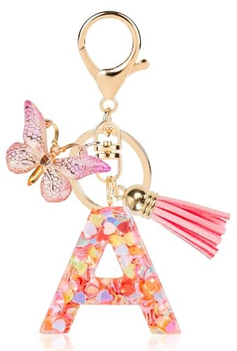 porte clé kawaii, porte clef femme voiture rose à paillettes, Porte-clés Lettre Initiale en Résine, Porte-clés Alphabet Violet Flocons de Neige avec Pendentif Frange Papillon
