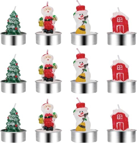 Dekorative Weihnachtskerzen, 12 Stück, Weihnachtsmann, Schneemann, Hütte, Tanne, Sojawachs, mit Metallständer, 4,4 x 4 cm, für Partydekoration