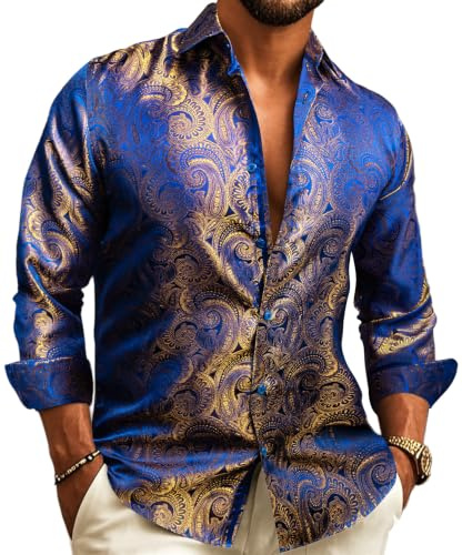 YOHOWA Men's Silk Paisley Long Sleeve Button Down Shirts Disco Mexico Prom | Designer Vintage Floral Jacquard,Luxury Classic 70s,Casual,Business,Button Up Fancy Dress,Lightweight,Untucked,Wedding,Party