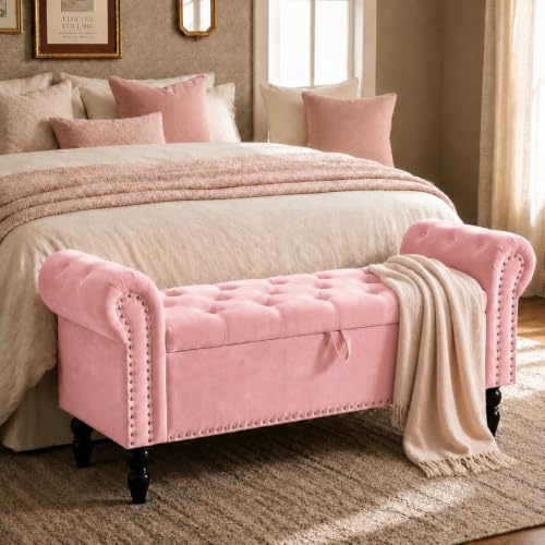 Clevich 133cm Velvet Storage Ottoman Bench, 168KG Load Capacity, Pink | End-Of-Bed Storage Box With Padded Velvet Seat, Lift-Up Lid And Wood Legs, Sofa Bench For Bedroom, Hallway Or Living Room