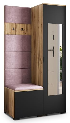 Masseno Flugarderoben Set VIRA, Kleiderschrank-Set mit Spiegel und Sitzbank, Garderobenschrank Flur mit 3 Regalböden, Eiche Wotan/Schwarz