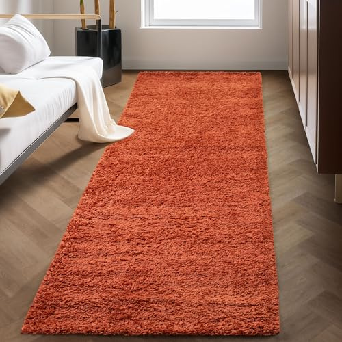 Carpettex Shaggy Hochflor Teppich 80x250 cm Terrakotta Weich Einfarbig