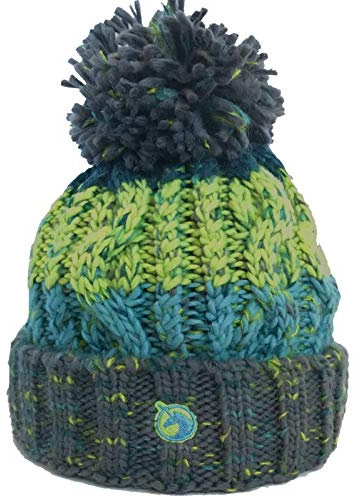 Unicorn Headwear Corkscrew Acrylic Knitted Fleece Lined Pom Pom Beanie Hat (Electric Green/Grey)