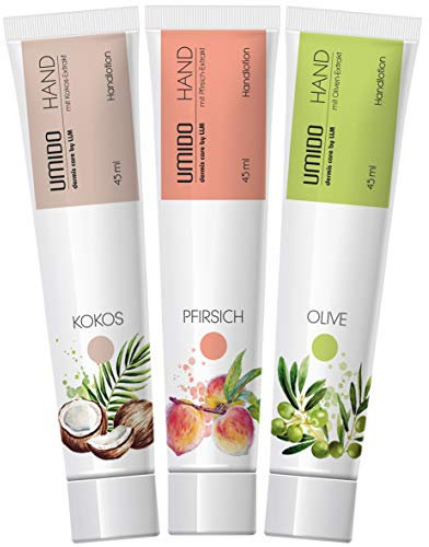 UMIDO 3 Stück Set Hand-Lotion Set 45 ml | 1x Kokos | 1x Pfirsich | 1x Olive | Handcreme | Pflegecreme | Hand-Pflege | Handcreme Set