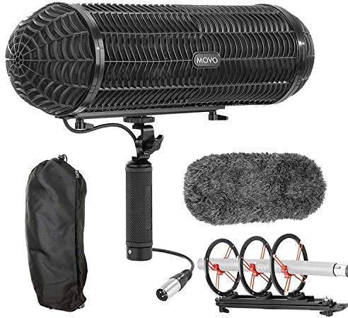 Movo BWS1000 Blimp Microphone Windshield Mount and Vibration Protection System for Shotgun Microphones - Features 12-point Internal Shock Mount, Integrated XLR Cable, Deadcat Windscreen, Grip Handle