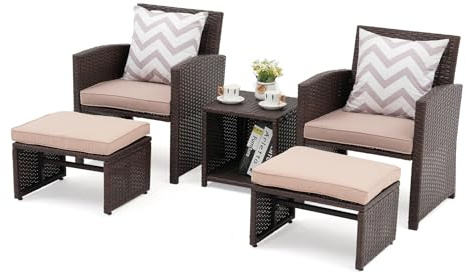 OC Orange-Casual 5-TLG Garten Unterhaltung Set, Balkon Möbel Set mit Kissen, brauner Rattan-Sessel mit Hocker&Couchtisch, für Garten, Hinterhof und Veranda (Beige)