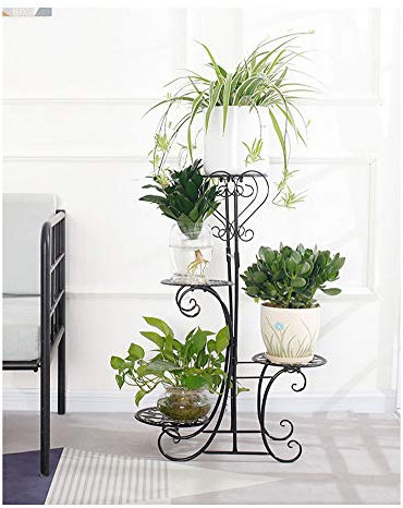 GUOCU Porte Pots Plante Fleurs sur Pied Support Jardin en Métal,Étagère à Fleur en Fer Forgé de 4 Niveaux pour Intérieur Extérieur Noir Taille Unique