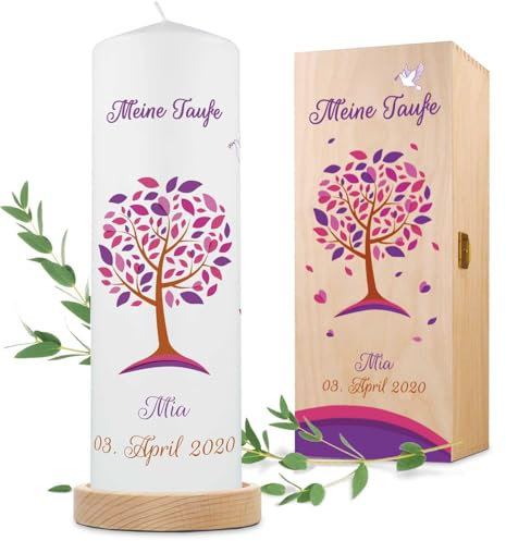 GRAVURZEILE Taufkerze Lebensbaum - Kerze mit Namen, Datum & Taufspruch - Hochwertige Stumpenkerze 250/80 mm brilliant bedruckt - Personalisiertes Taufgeschenk für Mädchen & Jungen - Weiß - Rosa