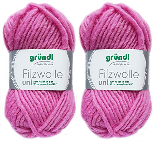 2x50 Gramm Gründl Filzwolle inkl. Anleitung für Topflappen (Uni Farben, 18 Rosa)