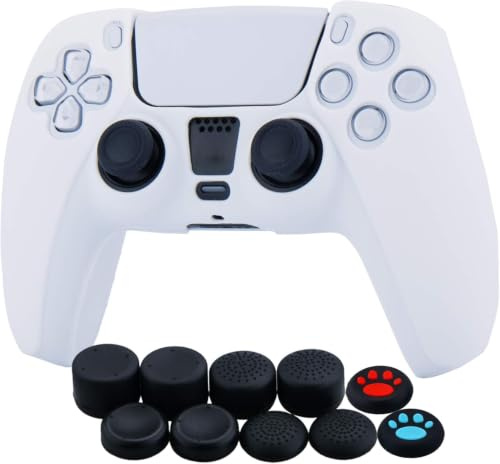 YoRHa Custodia in Silicone Cover Skin per PS5 Dualsense Controller (Bianca) x 1 con Copri levette Analogiche x 10