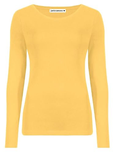 janisramone Womens Ladies Round Neck Long Sleeve T-Shirt Stretchy Plain Fitted Basic Jersey Casual Tee Top Mustard