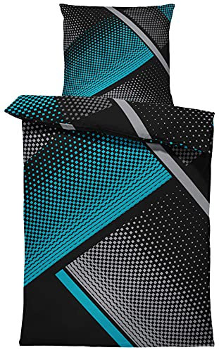 Bettwäsche 135x200 cm geometrisch grafisch Petrol grau schwarz modern Microfaser