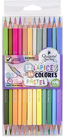 Quijote Paper World 12 Buntstifte, zweifarbig, pastellfarben, 12 Stück, zweifarbig, Pastellfarben, zum Zeichnen, Malen, für Schule und Kunst.