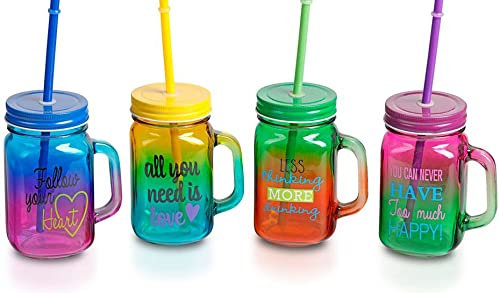 DISOK - Lote 24 Jarras de Cristal con Caña Multicolor ALL YOU NEED. Originales Jarras con frases en inglés para bodas, bautizos y comuniones.