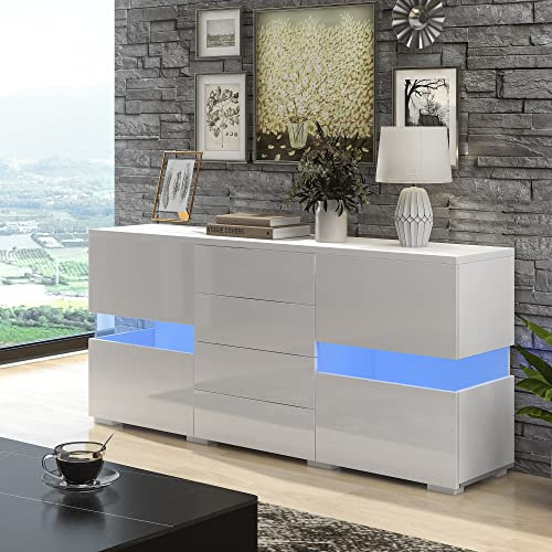 Merax LED Sideboard Cabinet, Buffets, Credenzas, TV Unit High Gloss Sideboards Storage Cabinet with 2 Doors 4 Drawers,TV Stands for Living Room (White)