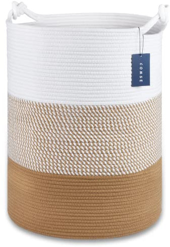 COMSE Grand panier à couverture, panier de rangement haut, panier à linge en corde, panier à linge en corde de coton, panier à linge XXXL, panier à jouets, paniers à vêtements, blanc/kaki