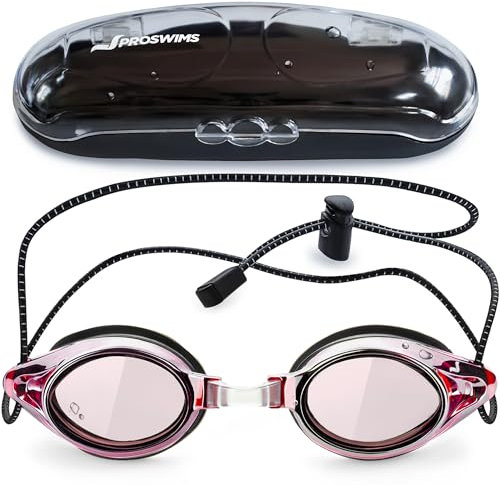 Proswims Gafas de Natación con Cordón Elástico y Lentes Antivaho para Competición – Gafas de Natación Hombre, Mujer y Niño 7+ - Incluye Gafas de Piscina, Funda Rígida y Paño de Microfibra Rosa