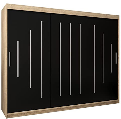 Kryspol Schwebetürenschrank York 250 cm Kleiderschrank mit Kleiderstange und Einlegeboden Schlafzimmer- Wohnzimmerschrank Schiebetüren Modern Design (Sonoma + Schwarz)