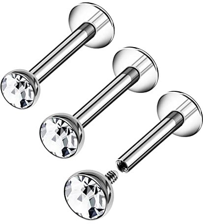 KJM FASHION 3 Stk Stahl Innengewinde Labret 1,2mm 16g 8 mm 5/16 2mm 3mm 4mm Klar Kristallkugel Cartilage Ohrringe Piercing Schmuck 8582