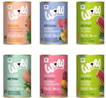 Wow Hundefutter nass Adult Mixpaket 6 Sorten x400g I reichhaltiges Nassfutter für ausgewachsene Hunde aller Rassen beste Qualität mit viel Fleisch & ohne Zucker getreidefrei hohe Verträglichkeit