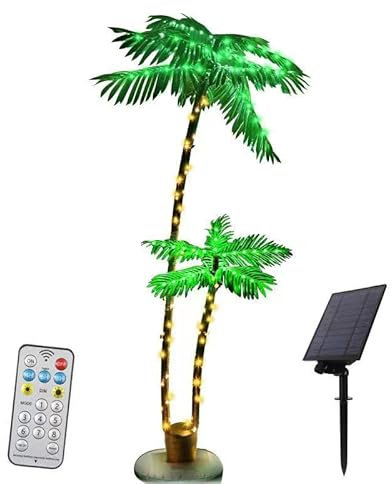 Palmier artificiel lumineux de 1,8 m, 2 troncs, 8 modes, décoration de Noël Tiki pour extérieur, terrasse, cour, piscine, porche, fête tropicale