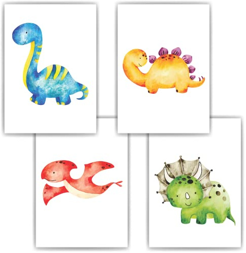 Dinosaurier 4er Set Kinderzimmer Bilder DIN A4 Poster Babyzimmer Dino Wandbilder Dekoration