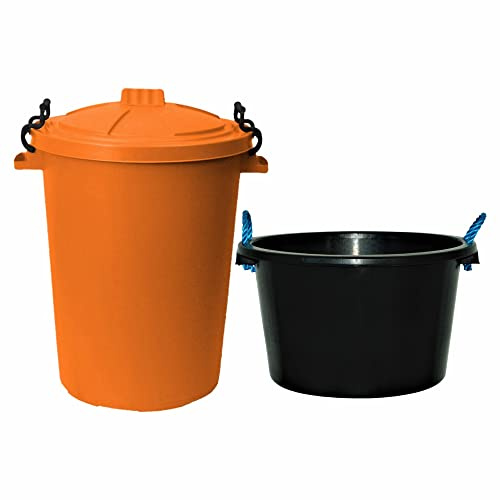 M1SS 45L ROPE BUCKET BLACK Heavy-Duty Plasterer Mixing Cement Muck Water Tub With 50L LITRE BIN Clip Lock Lid Bin Plastic Indoor Outdoor Rubbish, Dustbin, Waste Storage of Animal Feed (Orange)