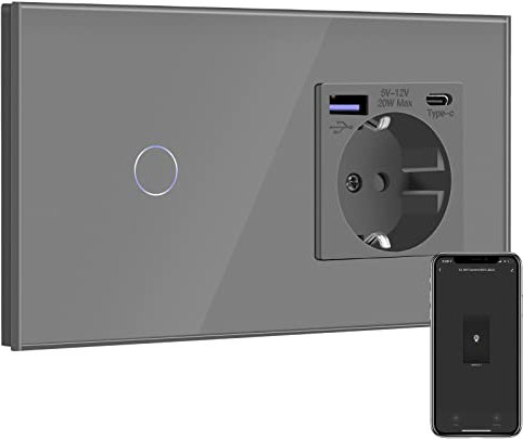 BSEED Spina USB C 20 W normale con interruttore di luce Wi-Fi, grigio Schuko spina con caricatore rapido USB tipo C, 1 Gang WiFi interruttore compatibile con Alexa e Google Home