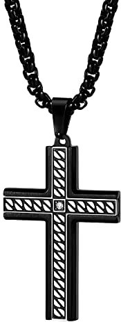 OIDEA Herren Halskette Kreuz Schwarz: Streifen Kreuzkette aus Edelstahl mit Weizenkette Religiöse Kette mit Kreuz Anhänger Geschenk für Männer Junge
