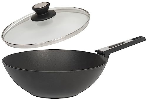 SKK große 2-tlg. Aluguss Wokpfanne Ø 30 cm - Wok mit glattem Boden & Antihaftbeschichtung - Stielwok mit Glasdeckel & Edelstahlrand - Made in Germany