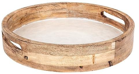 levandeo Tablett 35cm Rund Mango Holz Creme Perlmutt Emaille Ablage Serviertablett Deko Servierplatte Tischdeko Dekoration