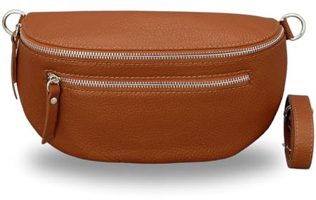 BRISE Bauchtasche Damen Echtes Leder Lucia Handgemachte Umhängetasche Crossbody Bag mit Ledergurt 3 Fächer Stylische Hüfttasche Gürteltasche Made in Italy (Cognac Braun-1)