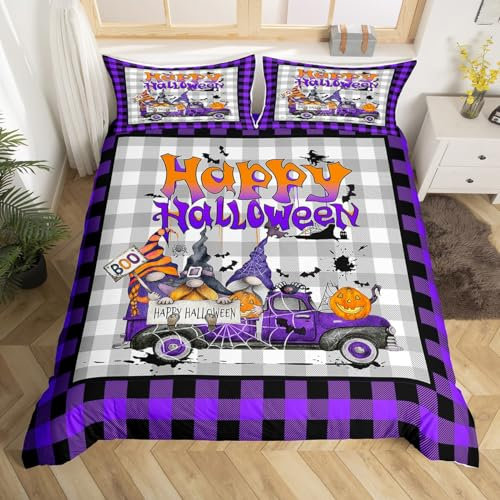 Halloween GNOME Bettwäsche Set Fledermäuse Halloween Dekor,Schwarz Lila Büffel Kariert Plaid Tröster Abdeckung Gotische Spinnennetz Bettbezug 220x240,Geometrische Gitter Cartoon Zwerg Halloween Dekor