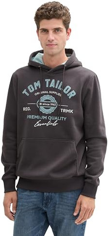 TOM TAILOR Herren Hoodie Sweatshirt mit Logo-Print, 10899 - Tarmac Grey, XL