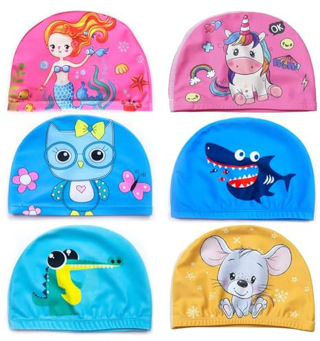 Saijer Cuffia Piscina Bambino, 6 Pezzi Cuffia Piscina Donna Uomo Cuffia Nuoto Bambino Cuffia da Nuoto di Cartoon Kids Swim Caps Cappello da Nuoto Cuffia Piscina per Bambini Adolescenti Unicorni Sirene