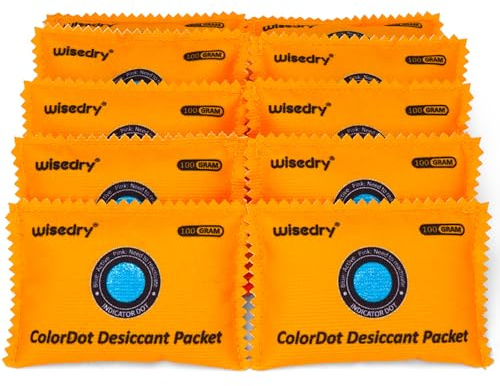 wisedry 100g x 10 Wiederaufladbare Trockenmittelpakete, farblich anzeigende Silikagel-Trockenmittelpakete, wiederverwendbare Feuchtigkeitsabsorber für Koffer, Waffentresor, Werkzeugkasten
