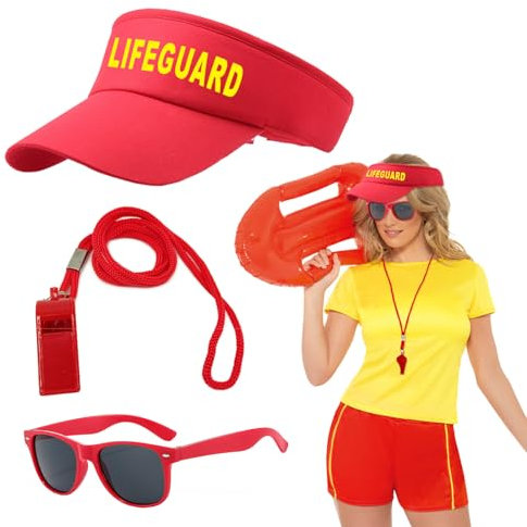 EUPSIIU 3 Stück Lifeguard Set Fasching Kostüm Karneval Verkleidung Rettungschwimmer, Rot Lifeguard Visor Cap Sonnenbrille Herren Damen Kostüm Mit Kunststoff-Sportpfeifen für Rettungsschwimmer