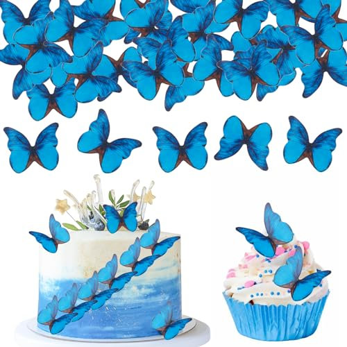 Tortendeko Essbar Schmetterlinge für Torte, 48 Stk Essbare Tortendeko Schmetterling,Schmetterlinge Deko Torte Blau,Esspapier Tortendeko Hochzeit,Schmetterling Kuchen Deko Geburtstag,Muffin Deko Essbar