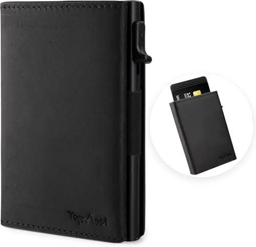 TopMost Porte-Cartes de crédit en Aluminium avec Blocage RFID pour Homme et Femme – Emplacements pour 12 Cartes et Billets, Cuir Noir, Small, Porte-Cartes et Billets