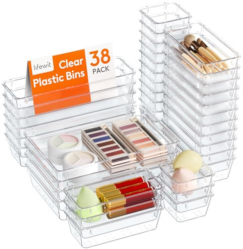 Lifewit Lot de 38 organiseurs de tiroirs en plastique transparent pour bureau, plateaux, bacs de rangement, boîte de séparation pour maquillage, bijoux et gadgets, chambre, salle de bain, bureau