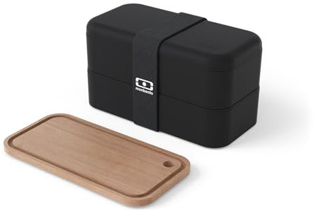monbento - Set Comidas Móviles negro Onyx - Bento Box MB Original + Tabla Cortar Pequeña MB Cut Original Compatible con la Tartera - Ideal para Trabajo/Picnic - Negro & Madera