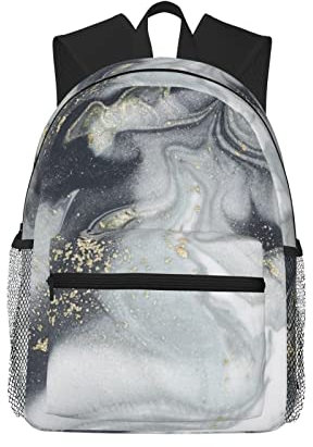ESASAM Lässiger Rucksack mit orientalischem Marmorsteindruck, großes Fassungsvermögen, wasserdicht, 600d/PU-verschlüsseltes Oxford-Gewebe, Schwarz , One size
