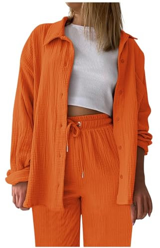 GFPGNDFHG Women's Two-Piece Shirt and Shorts Summer Muslin Blouse damen jogginganzug sport outfit zweiteiler damen sommer lang strand outfit damen familien outfit set teveo elegante kurze hose damen