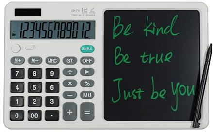 Desk Calculator Large Display with 7'' Erasable Writing Pad, 12 Digits Large Screen Display Jumbo Calculadora, Solar & Battery Powered Big Button Calculators for Business Office School, White